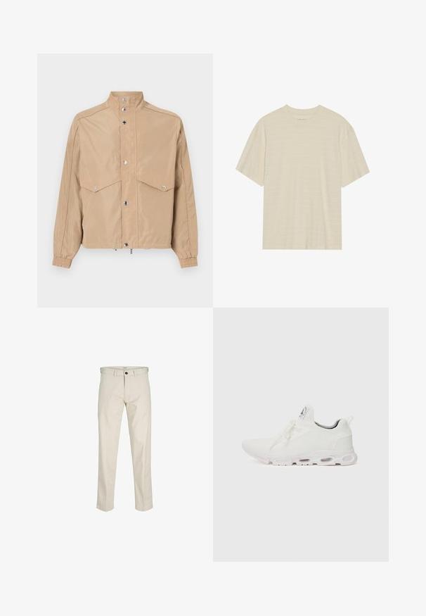 Bežs vējjakas mētelis, kas izgatavots no gludas auduma, ar augstu apkakli, pogu aizdari, divām kabatām ar vāciņiem un elastīgām aprocēm.; Kremkrāsas īso piedurkņu t-krekls ar smalku svītrotu tekstūru un apaļu kakla izgriezumu, izgatavots no viegla auduma.; Bežīgas kokvilnas bikses ar taisnu piegriezumu, pogu jostu, priekšējām kabatām un šūtu šuvēm. Gluda tekstūra, minimāla apdare un bez rakstiem.; Baltas sporta apavi ar teksturētu adītu augšdaļu, platiem auklām un mīkstinātu zoli ar redzamām gaisa kamerām papildu atbalstam.