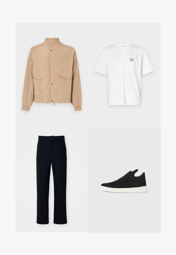 Jachetă bej dintr-un material neted, cu guler înalt, închidere cu capse, două buzunare cu clapetă și manșete elastice.; Tricou alb din bumbac, cu mâneci scurte, guler rotund și un mic logo gri în zona stângă a pieptului. Textură netedă.; Pantaloni bleumarin din bumbac, cu un design drept, închidere frontală cu nasture și talie clasică cu bucle pentru curea.; Sneakers negre din suede cu o talpă din cauciuc albă, prezentând cusături tonale și un design cu șireturi. Textură netedă cu o formă modernă și aerodinamică.