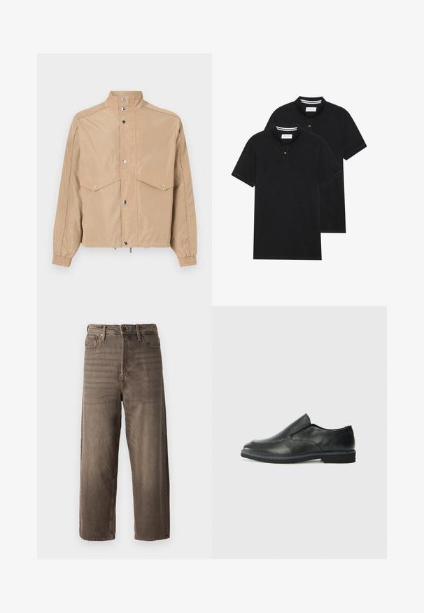 Casaco corta-vento bege feito de tecido suave, com gola alta, fechos de pressão, dois bolsos com aba e punhos elásticos.; Duas camisetas polo pretas, de manga curta, em material de algodão, com colarinho clássico, abertura com dois botões e detalhes em riscas brancas no interior do colarinho.; Jeans largos castanhos em denim. Características incluem fecho éclair, passantes para cinto e cinco bolsos. O tecido apresenta uma aparência desbotada e texturizada.; Sapato slip-on preto em pele com um upper liso, acabamentos cosidos, bico arredondado e um salto de borracha baixo. A sola apresenta um padrão de aderência mínimo.