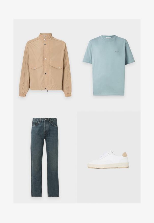 Smėlinis vėjarašis pagamintas iš lygaus audinio, turintis aukštą apykaklę, spaudimo užtrauktukus, dvi kišenes su užklotais ir elastinius rankogalius.; Šviesiai mėlynas medvilninis marškinėliai su apykakle, trumpomis rankovėmis ir mažuoju "TIGER OF SWEDEN" logotipu kairiajame krūtinės puseje. Lygus tekstūras.; Tamsiai mėlyni džinsai su tiesiomis kojomis, turintys penkis kišenes, mygtuko uždarymą ir kontrastingus siuvimo akcentus.; Baltos žemos sportbačiai su tekstūruota odine viršutinė dalimi, kreminė banguota priekiu ir ruda kulno akcentu. Yra baltos raištelės ir logotipas ant kulno.