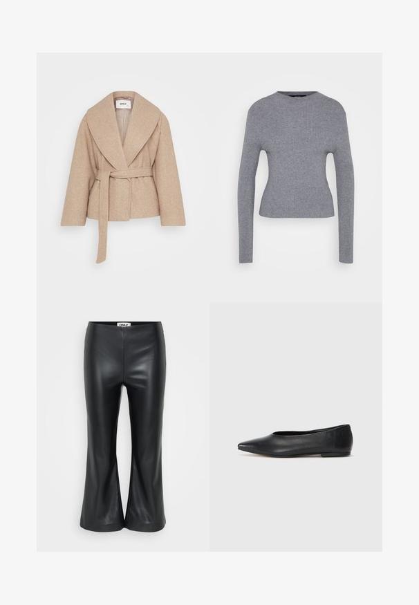 Bež ženski plašč iz volnene mešanice s širokim ovratnikom, dolgimi rokavi in usklajeno pasom okoli pasu. Gladka tekstura z minimalnimi detajli.; Siv svetar z dolgimi rokavi z rebrastim vzorcem in krojenjem, prikazan na enobarvni beli podlagi.; Črne flisane usnjene flare hlače z gladko teksturo. Imajo visok pas in razpoke na robu za sproščen fit. Oznaka blagovne znamke znotraj pasu.; Črne usnjene balerinke, koničast toe, minimalističen dizajn, gladka tekstura, nizka peta, brez vidnih kovinskih delov ali okraskov.