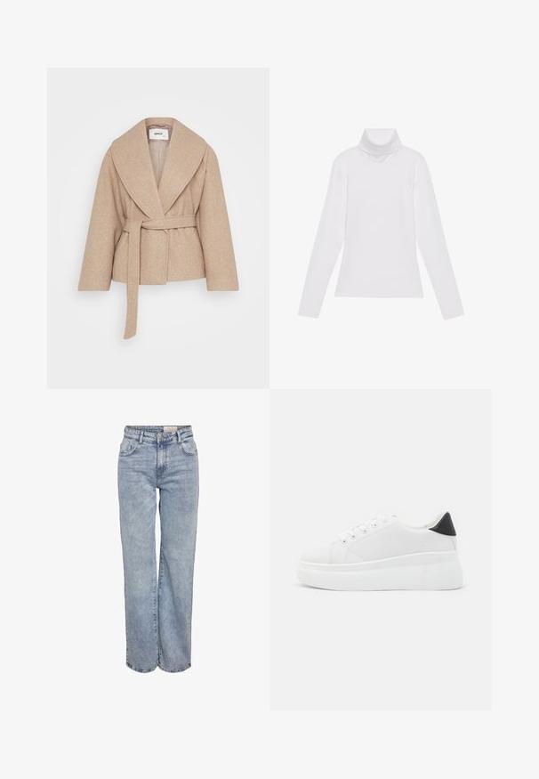 Bež ženski plašč iz volnene mešanice s širokim ovratnikom, dolgimi rokavi in usklajeno pasom okoli pasu. Gladka tekstura z minimalnimi detajli.; Bela dolga majica s turtleneck ovratnikom, izdelana iz gladke, raztegljive tkanine. Ima visok ovratnik in prilega telesu, brez vidnih vzorcev ali okrasitev.; Svjetloplave široke traperice od denima, sa visokim strukom, dizajnom s pet džepova i suptilnim blijeđenjem za izgled nakon nošenja.; Bele platform tenisice izdelane iz gladkega sintetičnega materiala, z zaobljenim prstom, sistemom vezalk in teksturiranim gumijastim podplatom. Črn dodatek na peti.