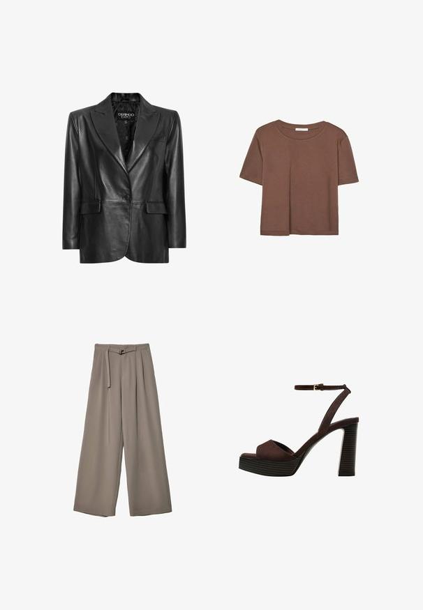 Zwarte leren blazer met een gesneden revers, enkele knoopsluiting, twee voorzakken en een gestructureerde voering. Ontworpen met een getailleerde pasvorm.; Korte mouwen T-shirt in bruin, gemaakt van een zachte stof, met een ronde halslijn en een relaxte pasvorm. Geen zichtbare patronen of accenten.; Wijd nietenbroeken van een zachte, gedempte grijze stof, met een ceintuur in de taille en plooien voor extra ontwerpelementen. Gladde textuur, geen patronen.; Bruine suède high-heeled sandaal met een open teen, verstelbare enkelband en een gestreepte plateauzool.