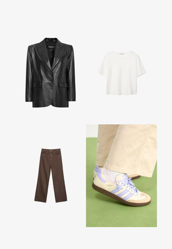 Czarna skórzana marynarka z klapami, pojedynczym zapięciem na guzik, dwoma przednimi kieszeniami i teksturowanym podszyciem. Zaprojektowana w dopasowanym fasonie.; Biała koszulka z krótkim rękawem, wykonana z bawełny. Posiada okrągły dekolt i luźny krój. Gładka faktura bez widocznych wzorów czy akcentów.; Szerokie brązowe dżinsy wykonane z denimu, z wysokim stanem, przednimi kieszeniami i klasycznym zapięciem na guzik. Gładka faktura z subtelnym przeszyciem.; Kremowe i lawendowe trampki z trzema paskami oraz teksturowaną brązową podeszwą, wyposażone w sznurówki i wyścieloną piętę. Górna część z miękkiego materiału.