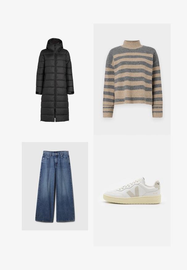 Black puffer coat with a hood, featuring a quilted design, front zipper, and side pockets. Long length reaching mid-calf.; Striped knit sweater featuring gray and beige colors, high neck, wide cuffed sleeves, and a relaxed fit with a cropped design.; Wide-leg blue denim jeans with a faded finish, featuring a button and zipper closure, five pockets, and belt loops.; White leather sneaker with beige suede accents, perforated toe box, flat laces, and a textured cream sole. Features subtle branding on heel.