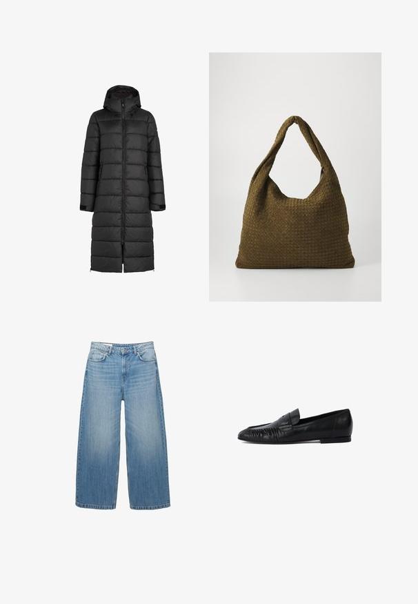 Czarna kurtka puchowa z kapturem, z pikowanym wzorem, przednim zamkiem błyskawicznym oraz bocznymi kieszeniami. Długość do połowy łydki.; Czarny sweter wykonany na szydełku z okrągłym dekoltem, długimi rękawami i skróconym fasonem. Wykonany z miękkiego materiału o gładkiej fakturze.; Jasnoniebieskie dżinsy o szerokich nogawkach, wykonane z denimu, charakteryzujące się klasycznym pięciopocketowym fasonem i zapięciem na guzik. Przez cały materiał widoczny jest efekt wypłowienia.; Czarne skórzane mokasyny z zaokrąglonym noskiem, haftem z przodu i płaską podeszwą. Minimalistyczny design z subtelnym akcentem logo.; Torebka z tkaniny plecionej w oliwkowym kolorze o przestronnym, zaokrąglonym kształcie i jednym, wydłużonym uchwycie do noszenia. Teksturowana powierzchnia.