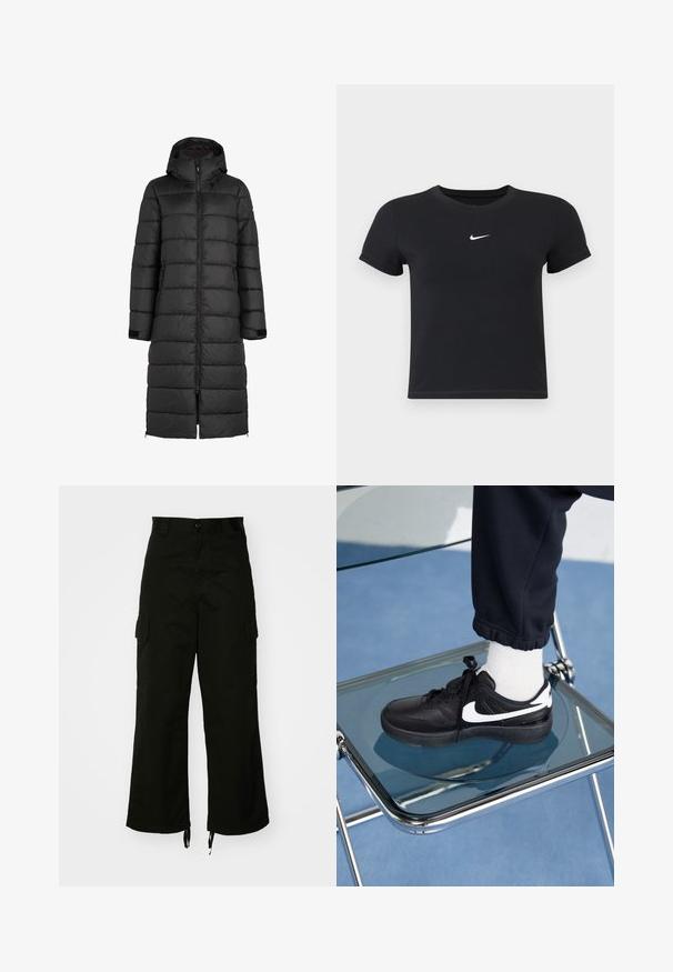 Schwarze Daunenjacke mit Kapuze, gestepptem Design, Frontreißverschluss und seitlichen Taschen. Lange Länge bis zur Wade.; Schwarzes T-Shirt mit kurzen Ärmeln aus Baumwolle und rundem Ausschnitt. Es hat ein weißes Nike-Logo auf der Brust, ein minimalistisches Design und eine taillierte Form.; Schwarze Cargo-Hosen aus Baumwolle mit weitem Bein, seitlichen Taschen und Kordelzügen am Saum. Das Design umfasst einen Knopfverschluss an der Taille.; Schwarze Nike-Sneaker mit weißen Akzenten, die über eine glatte Ledertextur, ein Schnürdesign und eine abgerundete Zehenform verfügen, platziert auf einem Glasstuhl.