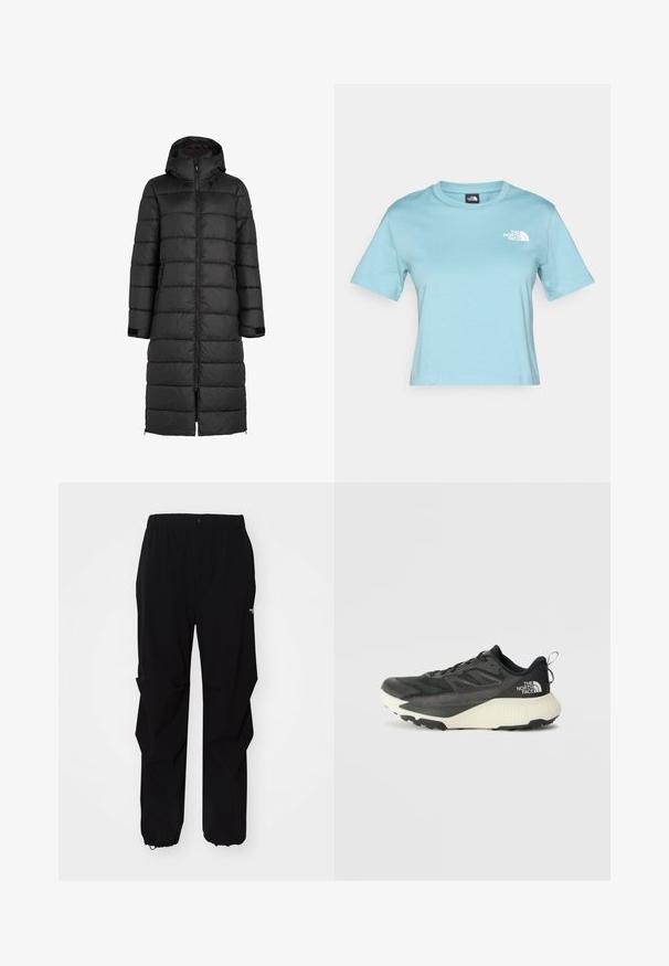 Čierny nafúknutý kabát s kapucňou, s prešívaným dizajnom, predným zipsom a bočnými vreckami. Dlhý strih siahajúci po polovicu píšanu.; Svetlo modré bavlnené tričko s krátkymi rukávmi a okrúhlym výstrihom. Obsahuje malé biele logo na hrudi a má voľný strih.; Čierne vonkajšie nohavice vyrobené z odolného materiálu, s voľným strihom, elastickým pásom a sťahovacími manžetami pre nastaviteľnú dĺžku.; Čierna atletická obuv s textúrovaným vrchom, s šedými akcentmi a bielou medzipodrážkou. Obsahuje pútko a výrazné logo značky na päte.