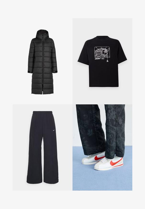 Abrigo de plumas negro con capucha, presenta un diseño acolchado, cierre delantero y bolsillos laterales. Longitud larga que llega hasta la mitad de la pantorrilla.; Camiseta negra de algodón con mangas cortas. Presenta un gráfico de telaraña blanca y un logo en la parte frontal. Cuello redondeado simple.; Pantalones de pierna ancha negros con una cintura elástica y un pequeño logo blanco de Nike. La tela tiene una textura suave, diseñada para la comodidad y el uso casual.; Zapatillas Nike blancas con acentos rojos, combinadas con pantalones negros con un patrón floral. La textura es suave con una suela de trenza plana.