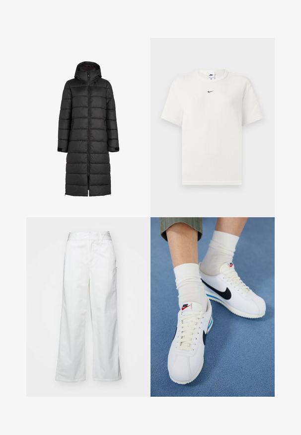Giacca a vento nera con cappuccio, caratterizzata da un design trapuntato, chiusura frontale con zip e tasche laterali. Lunghezza lunga che arriva a metà polpaccio.; Maglietta bianca a righe con scollatura rotonda e maniche corte. Presenta un piccolo logo Nike nero sul petto. Tessuto strutturato con una forma aderente.; Pantaloni bianchi a gamba larga realizzati in cotone, con una texture liscia, vestibilità dritta, tasche frontali e orlo pulito.; Sneakers Nike bianchi con swoosh nero, allacciatura frontale e suola bianca con accenti blu. Indossati con calze bianche a crew sopra pantaloni verdi.