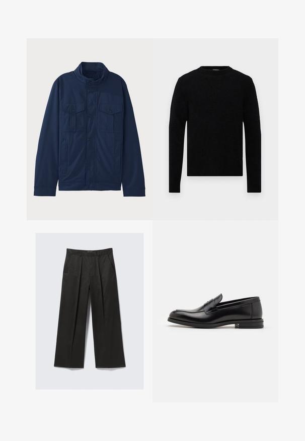 Tamsiai mėlyna medvilninė striukė, turinti stovinčią apykaklę, dvi priekinės kišenes ir spaudžių užsegimą. Glotnus paviršius su struktūrizuotu dizainu.; Filippa K SWEATER - Džemperis - black; Juodos plačios kelnės su minkštu paviršiumi, turinčios dvi priekinės kišenes ir šiek tiek pakeltą juosmens liniją.; Juodos odinės loafers, turinčios lygų paviršių, apvalią noselę ir dekoratyvinę juostą per priekinę dalį. Žemas krentantis kulnas, minimalistinis dizainas.