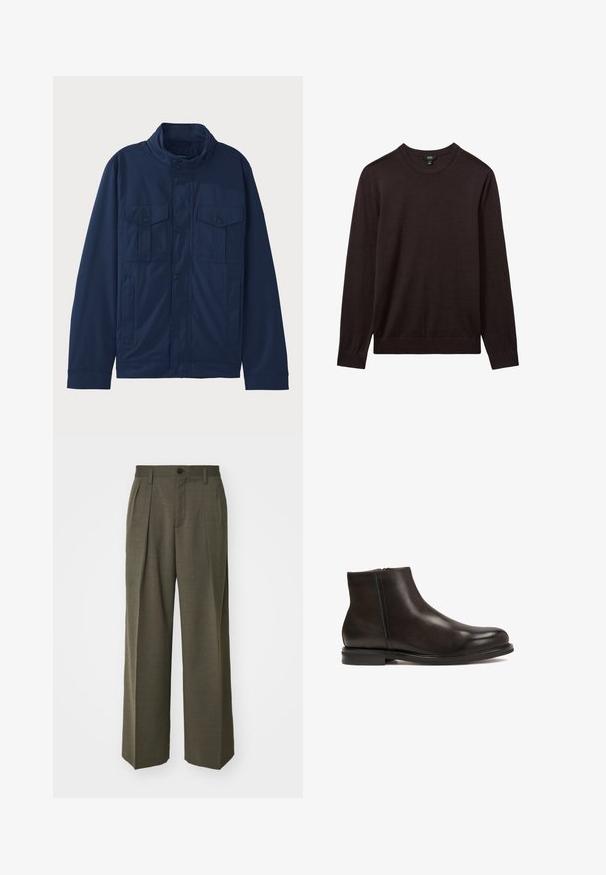 Jachetă albastru marin din bumbac, cu guler în picioare, două buzunare frontale și închidere cu capse. Textură netedă cu un design structurat.; Reiss Pulover - dark bordeaux; Filippa K WIDE TROUSERS - Pantaloni - driftwood; Botine negre din piele cu o textură netedă, vârf rotund și toc mic. Au un fermoar lateral pentru a fi ușor de purtat.