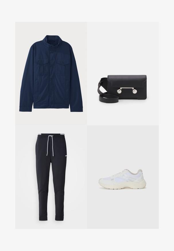 Tummansininen takki, joka on valmistettu puuvillasta. Siinä on pystykaulus, kaksi etutaskua ja neppariknappikiinnitys. Sujuva pinta ja jämäkkä muotoilu.; Tummansininen lyhythihainen polo-paita, jossa on kaulus ja kolmonen napitus, esillä vaalealla yksinkertaisella taustalla.; Mustat slim-fit collegehousut, joissa on valkoinen naru, joustava vyötärö valkoisilla raidoilla ja pieni valkoinen logo reiden yläosassa.; Valkoiset urheilukengät, jotka on valmistettu verkkokankaasta ja mokasta, sisältävät tekstuurillisen välipohjan, teksturoituja yksityiskohtia ja "HUGO"-logon sivussa.; Mustan nahkainen olkalaukku, jossa on läppäkiinnitys, hopeanväriset yksityiskohdat ja kaksi pyöreää koristetta. Varustettu irrotettavalla hihnalla. Sileä pinta.