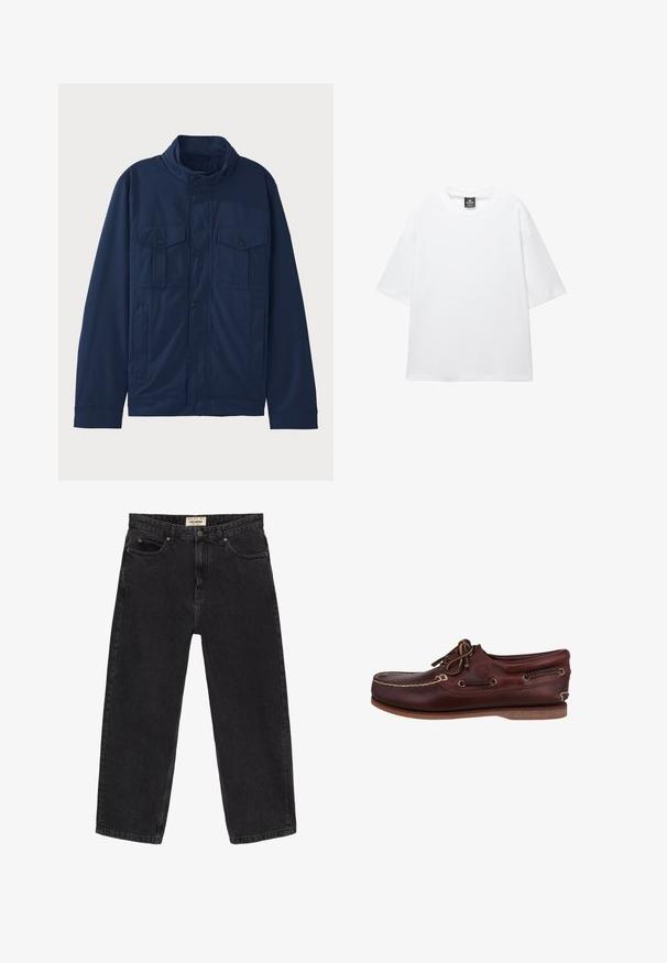 Mörkblå jacka i bomull, med ståkrage, två framfickor och tryckknappsstängning. Slät textur med en strukturerad design.; Vit oversized t-shirt med korta ärmar, rund halsringning och mjukt bomullstyg. Har en svart etikett vid nacken. Inga mönster eller detaljer.; Svarta jeans i denim med avslappnad passform. Har fem fickor, ett framknäppning och sömnadsdetaljer. Lätt urtvättad textur.; Brun läderbåtssko med rundad tå, kontrasterande sömmar, snörning och gummisula för bra grepp. Timberland-logotyp synlig.