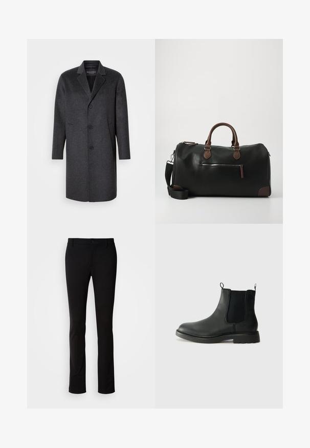Tmavosivý vlnený kabát s klopovým golierom, tromi gombíkmi, dvoma bočnými vreckami a rovnou siluetou. Hladká textúra a prepracovaný dizajn.; Námornícky modrý pletený sveter s okrúhlym výstrihom, dlhými rukávmi a rebrovanými manžetami. Obsahuje kontrastný pruhovaný detail na golieri.; Čierne nohavice z hladkej tkaniny, s gombíkovým zapínaním, pútkami na opasok a rovnými nohavicami. Žiadne viditeľné vzory ani akcenty.; Čierne kožené chelsea čižmy s elastickými bočnými panelmi, uškami na ťahanie, zaoblenou špičkou a textúrovanou gumovou podrážkou. Hladký povrch a pevná konštrukcia.; Čierna kožená športová taška s hnedými akcentmi, vybavená dvoma uchami, nastaviteľným ramenným popruhom a predným zipsovým vreckom.