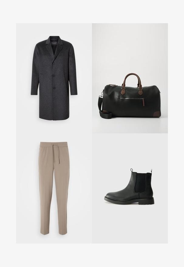 Tmavosivý vlnený kabát s klopovým golierom, tromi gombíkmi, dvoma bočnými vreckami a rovnou siluetou. Hladká textúra a prepracovaný dizajn.; Námornícky modrý pletený sveter s okrúhlym výstrihom, dlhými rukávmi a rebrovanými manžetami. Obsahuje kontrastný pruhovaný detail na golieri.; Svetlo béžové nohavice s elastickým pásom, nastaviteľnou šnúrkou a zúženými nohavicami. Tkanina vyzerá hladko s jemným leskom.; Čierne kožené chelsea čižmy s elastickými bočnými panelmi, uškami na ťahanie, zaoblenou špičkou a textúrovanou gumovou podrážkou. Hladký povrch a pevná konštrukcia.; Čierna kožená športová taška s hnedými akcentmi, vybavená dvoma uchami, nastaviteľným ramenným popruhom a predným zipsovým vreckom.