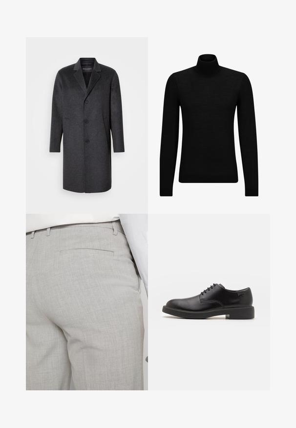 Cappotto in lana grigio scuro con rever a punta, tre bottoni, due tasche laterali e silhouette dritta. Texture liscia e design strutturato.; Maglione a collo alto nero realizzato in materiale morbido, con maniche lunghe e vestibilità aderente. Bordo a coste all'orlo e ai polsini. Design semplice.; Pantaloni sartoriali grigio chiaro realizzati in tessuto strutturato, con una tasca posteriore singola e cuciture pulite.; Scarpa nera in pelle con lacci, punta tonda, texture liscia, cuciture minime e tacco in gomma basso. Logo sul tacco.