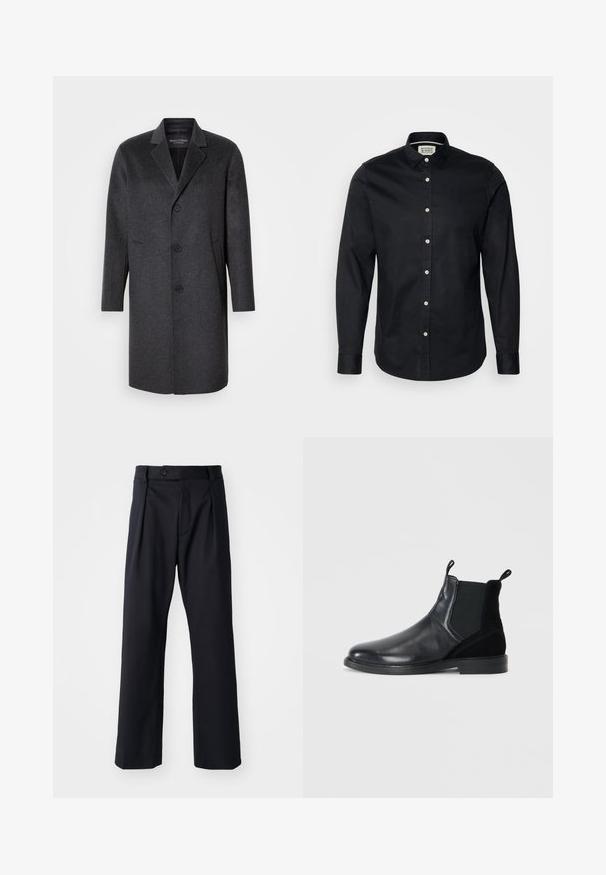 Dark gray wool overcoat with a notched lapel, three buttons, two side pockets, and a straight silhouette. Smooth texture and structured design.; Black long-sleeve shirt made of cotton, featuring a button-down collar, front button closure, and a small embroidered logo on the chest.; Black trousers made of smooth fabric, featuring a straight-leg design, front pleats, and a single button closure at the waistband.; Black chelsea boots featuring smooth leather and suede accents, elastic side panels, rounded toe, and pull tabs for easy wear.