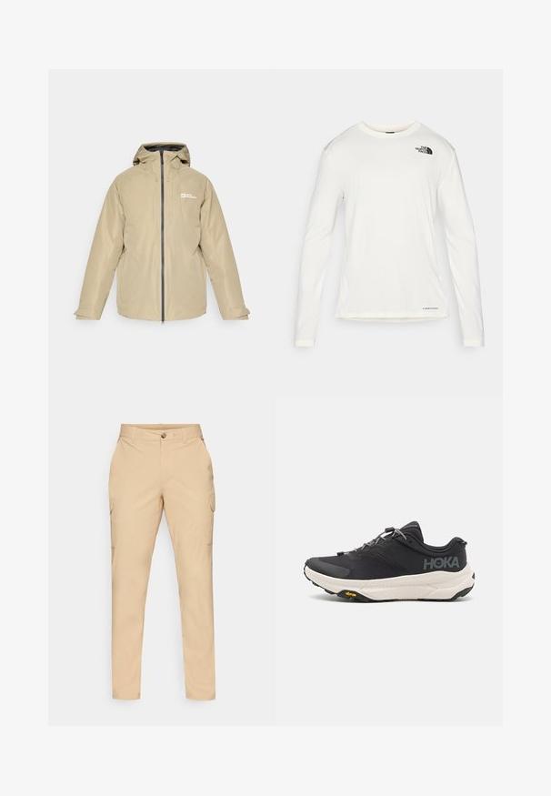 Beež veekindel jakki kapuutsiga, ees tõmblukk, kaks küljetaskut ja logo vasakul rinnal, millel on sile tekstuur ja minimalistlik disain.; Valge pika varrukaga särk ümmarguse kaelusega, tekstuuriga kangas, must logo vasakul õlal ja peen bränding alt. ; Beige cargo püksid, millel on nööpkinnitus, kitsas lõige, küljetaskud ja sile puuvillane segakanga materjal. Ilma nähtavate mustrite või aksesuaarideta.; Mustmustun mustus kingad tekstuurse ülusega, hallide aktsentidega, peegeldavate detailidega ning paksu valge tallaga, millel on Vibram'i bränding.