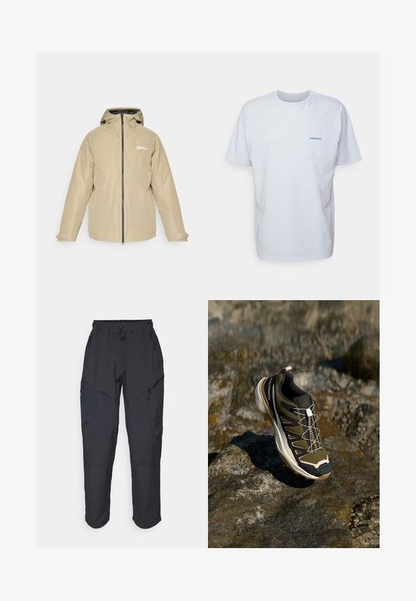 Giacca impermeabile beige con cappuccio, zip frontale, due tasche laterali e logo sul lato sinistro del petto, caratterizzata da una texture liscia e un design minimal.; T-shirt bianco in cotone con maniche corte, scollo rotondo e tasca sul petto sinistro con il logo "Patagonia" blu. Vestibilità classica con una texture liscia.; Pantaloni cargo neri realizzati in un materiale leggero e resistente all'acqua; presentano una vita elastica, diverse tasche con zip e gambe affusolate.; Scarpe da escursionismo in verde oliva e nero con dettagli rosa. Presentano una parte superiore testurizzata, suola flessibile, puntale rinforzato e un vivace sistema di allacciatura.