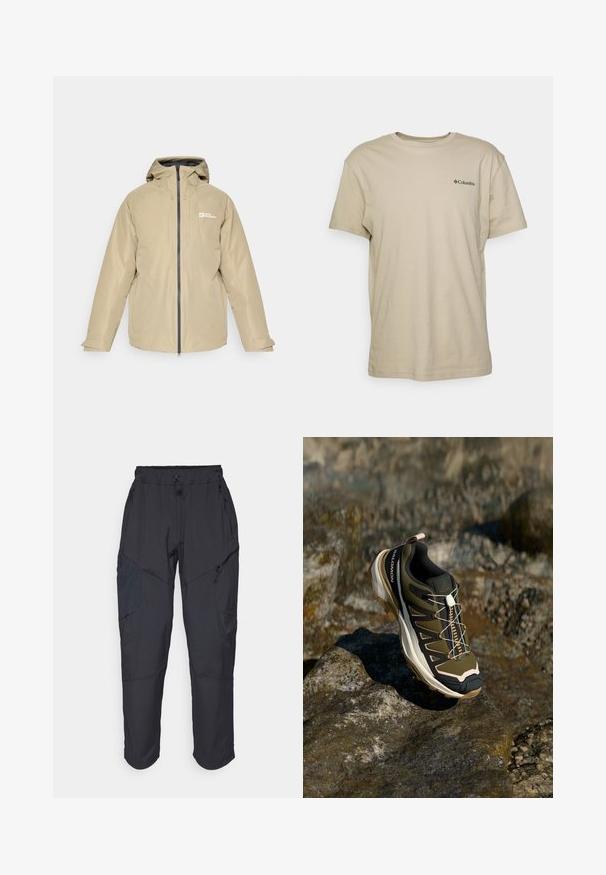 Beige waterproof jacket with a hood, front zipper, two side pockets, and a logo on the left chest, featuring a smooth texture and minimal design.; Beige cotton t-shirt with short sleeves, crew neck, and a small black logo on the left chest area. Smooth texture, casual design.; Black cargo pants made from a lightweight, water-resistant material; features elastic waistband, multiple zippered pockets, and tapered legs.; Hiking shoe in olive green and black with pink accents. Features a textured upper, flexible sole, reinforced toe cap, and colorful lacing system.