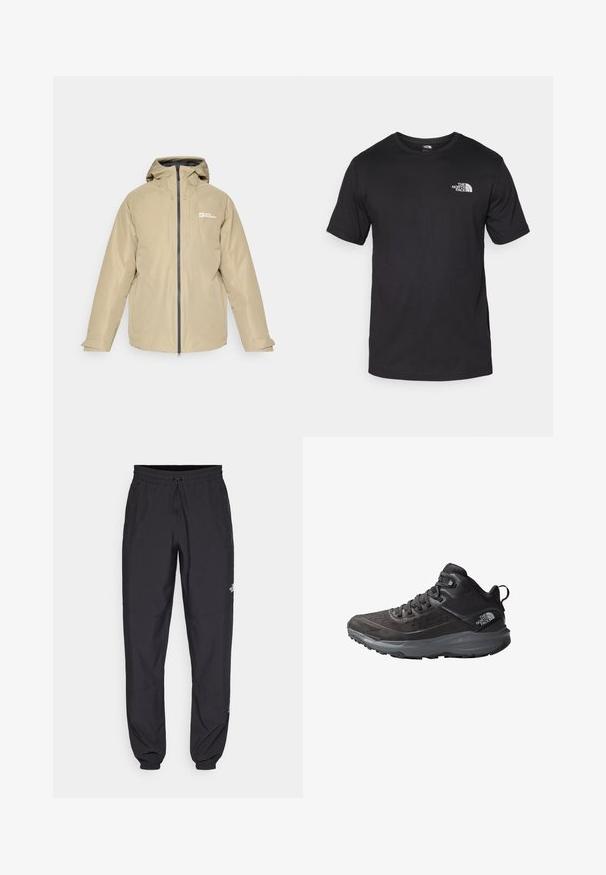 Beżowa wodoodporna kurtka z kapturem, z zamkiem błyskawicznym z przodu, dwoma bocznymi kieszeniami oraz logo na lewej piersi, charakteryzująca się gładką teksturą i minimalistycznym designem.; Czarna koszulka z krótkim rękawem wykonana z bawełny, z okrągłym dekoltem i małym białym logo na górnej lewej części klatki piersiowej.; Czarne spodenki sportowe wykonane z lekkiego materiału, z elastycznym pasem na sznurek, bocznymi kieszeniami i zwężanymi mankietami przy kostkach.; Czarne buty trekkingowe z fakturowaną cholewką, wzmocnionym noskiem i szarym outsolem. Charakteryzują się sznurowanym zapięciem i wyściełanym kołnierzem wokół kostki.