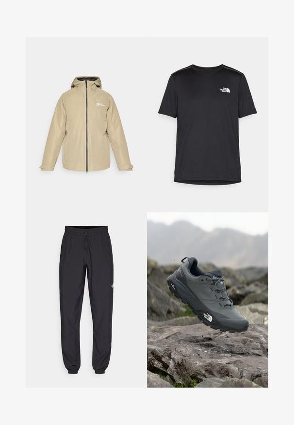 Chaqueta impermeable beige con capucha, cremallera frontal, dos bolsillos laterales y un logo en el pecho izquierdo, con una textura suave y un diseño minimalista.; Camiseta negra de manga corta hecha de tejido ligero. Presenta un pequeño logo blanco en el lado izquierdo del pecho y sutiles acentos en los hombros.; Pantalones deportivos negros hechos de un tejido ligero, con una cinturilla ajustable, bolsillos laterales y puños ajustados en los tobillos.; Zapatilla de trail running gris con parte superior texturizada, suela de goma duradera y puntera reforzada. Cuenta con cordones y logo de la marca en el lateral.
