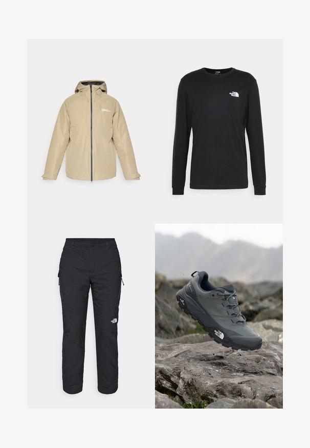 Beżowa wodoodporna kurtka z kapturem, z zamkiem błyskawicznym z przodu, dwoma bocznymi kieszeniami oraz logo na lewej piersi, charakteryzująca się gładką teksturą i minimalistycznym designem.; Czarny longsleeve t-shirt wykonany z bawełny, z białym logo na lewej piersi i ściągaczami przy nadgarstkach. Gładka faktura z okrągłym dekoltem.; The North Face WINTER EXPLORATION czarny; Szare buty do biegania w terenie z teksturową cholewką, trwałą gumową podeszwą i wzmocnionym noskiem. Posiadają sznurowadła oraz logo marki z boku.