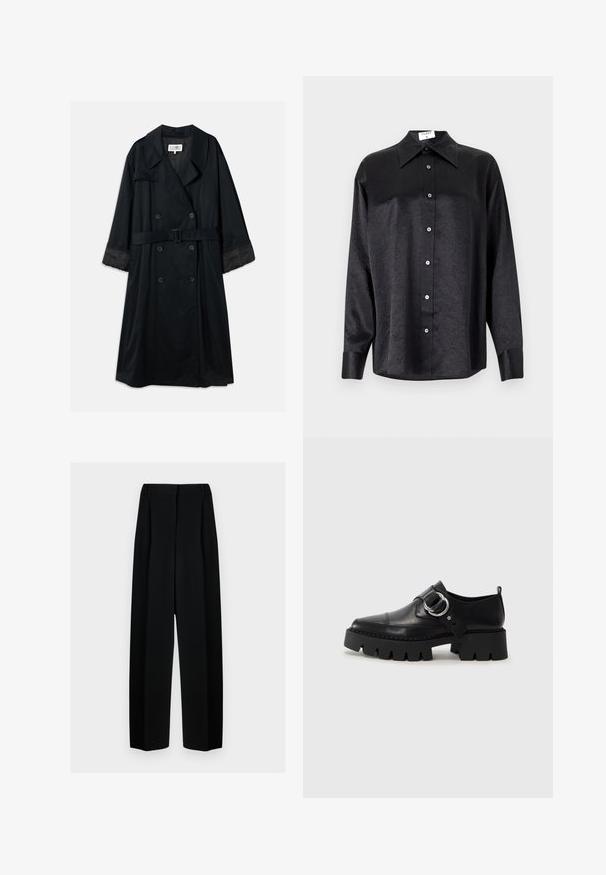 Juodas paltas su dvigubu mygtuku, plačiomis apykaklėmis, diržu liemenyje ir kontrastingomis satino rankovėmis. Lygus paviršius.; Juodas ilgarankovis marškinis su apykakle, turintis plėšyta tekstūra, visiško mygtukų uždarymo priekyje ir rankogaliais. Pagamintas iš lygaus audinio.; Juodos plačios kelnės su aukštu liemeniu, su klostėmis ir glotnia tekstūra. Medžiaga atrodo lengva ir dailiai krenta.; Juodos odinės bateliai su masyviu, grioveliuotu padu, su apvaliu sidabro detalės akcentu ir minimaliais siuvimo elementais.