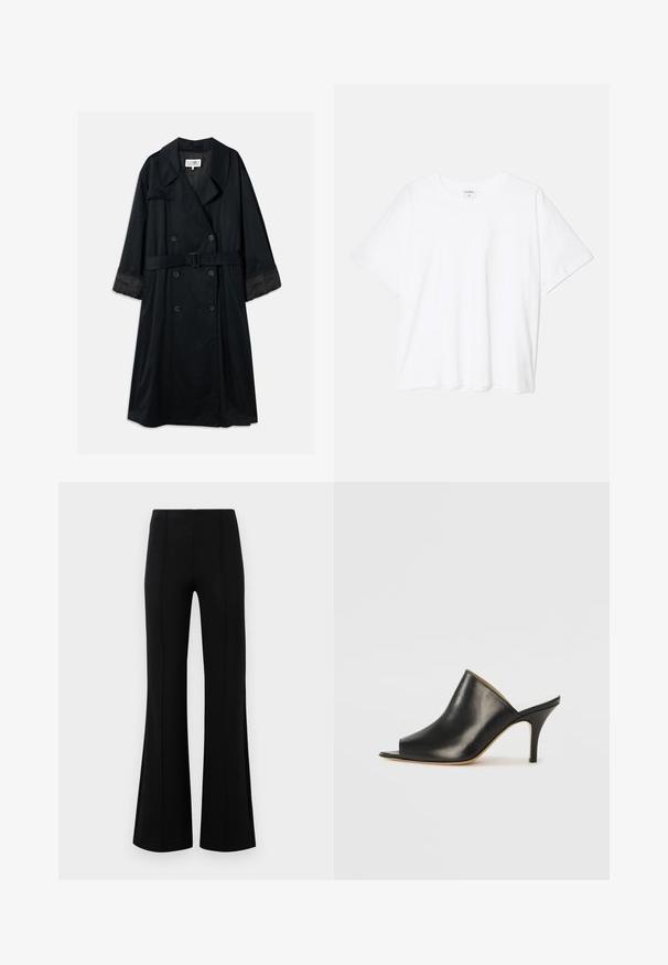Melnā tranša mēteli ar divrindu dizainu, platiem uzmavām, jostās sašņorētu vidukli un kontrastējošiem satīna aprocēm. Gluda tekstūra.; Balta kokvilnas T-krekls ar īsām piedurknēm, apaļu dekoltē, brīva piegriezuma un šūtu apakšmalu. Etiķete redzama iekšējā kakla daļā.; Melnas platas bikses ar augsto jostasvietu, izgatavotas no elastīga auduma. Satur vertikālas šuvju detaļas priekšpusē un gludu tekstūru.; Melna ādas atvērta pirksta mule ar elegantu, izliekta dizaina, augstu stiletto papēdi un gludu tekstūru. Iekšpusei ir kontrastējoša gaiša krāsa.