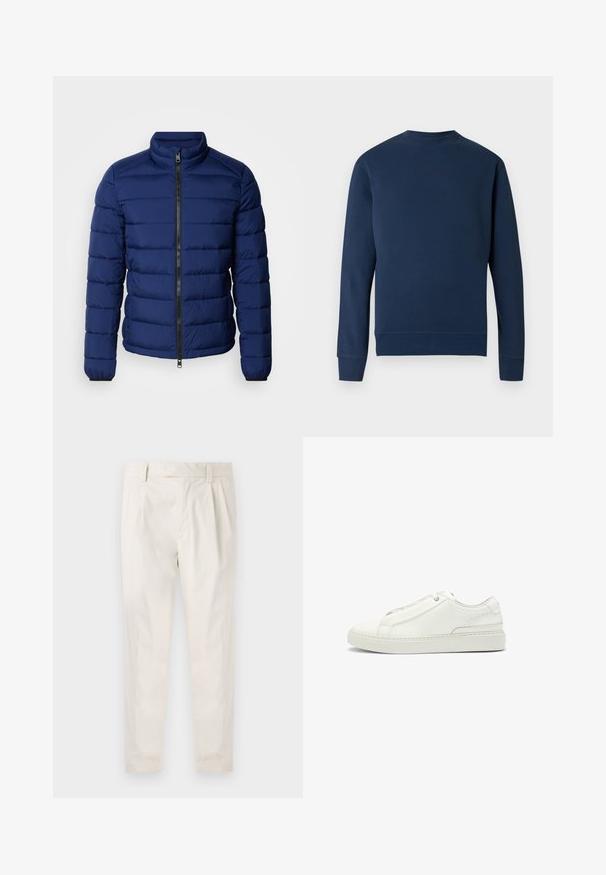 Navy blue puffer jacket with a high collar, horizontal quilted design, front zipper, and elastic cuffs. Smooth texture, lightweight insulation.; Navy blue sweatshirt with a round neck, ribbed cuffs, and hem. Features a subtle logo at the chest in a matching color. Smooth fabric texture.; White, pleated trousers with a tailored fit, featuring a smooth texture, belt loops, and tapered legs. No visible pockets or patterns.; White leather sneaker featuring a textured upper, a round toe, minimalistic design, and a rubber sole with stitched detailing.