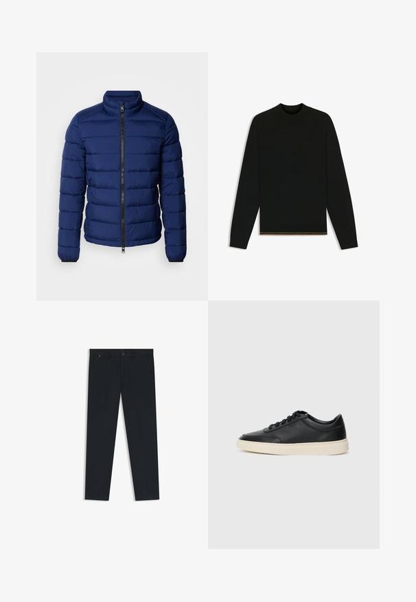 Navy blue puffer jacket with a high collar, horizontal quilted design, front zipper, and elastic cuffs. Smooth texture, lightweight insulation.; Black knit sweater with long sleeves and a high neck. Features a gold accent at the hem. Smooth texture and fitted design.; Men's dark navy trousers made of lightweight fabric. Features a button closure, belt loops, and two side pockets. Straight leg design.; Black low-top leather sneaker with black laces and off-white sole shown in side profile on white background.