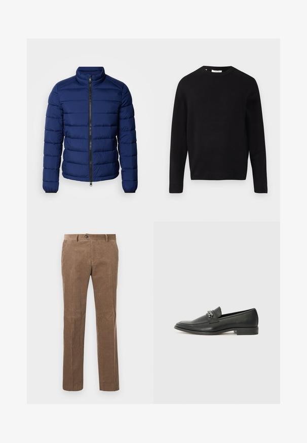 Navy blue puffer jacket with a high collar, horizontal quilted design, front zipper, and elastic cuffs. Smooth texture, lightweight insulation.; Black knit sweater with a round neckline, long sleeves, and a relaxed fit. Smooth texture, minimal design, no patterns or embellishments.; Brown corduroy trousers with vertical ribbed texture, straight leg design, single button closure, and two front pockets.; Black leather loafer with a smooth finish, featuring a stitched design and a decorative metal chain accent across the vamp. Flat heel.