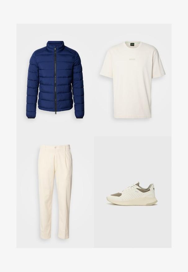Temno modra napihnjena jakna z visokim ovratnikom, vodoravno prešito zasnovo, sprednjim zadrgo in elastičnimi manšetami. Gladka tekstura, lahka izolacija.; BOSS TEE - Navadna majica - open white; Kremni bombažni hlače s ravnim krojem, ki vključujejo sprednje nabore, gumbasto zapiranje in stranske žepe. Gladka tekstura.; Beli in svetlo bež športni copat, s mrežastim zgornjim delom, perforiranimi detajli in teksturirano srednjim delom z blagovno znamko na peti.