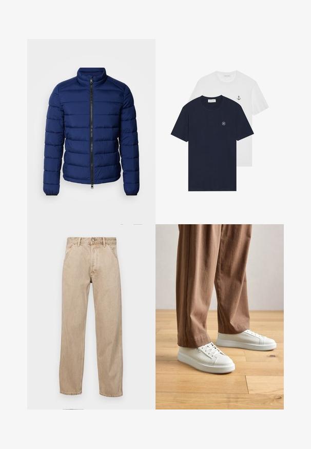 Tamsiai mėlynas pūkinis švarkas su aukšta apykakle, horizontaliu siuvinėjimu, priekiniais užtrauktukais ir elastingomis rankovėmis. Lygi tekstūra, lengvas šilumos izoliavimas.; Du švarkai: vienas tamsiai mėlynas su apvaliu logotipu, kitas baltas su mažu inkaru. Pagaminti iš medvilnės, trumpomis rankovėmis.; Smėlio spalvos džinsai su tiesia kojų siluetu, turintys priekinę kišenę, metalinį mygtuką ir subtilią tekstūrą.; Asmuo vilkintis baltus tekstūruotus žemus sportinius batelius ir laisvas rudas kelnes, stovintis ant šviesaus medinio grindų paviršiaus.