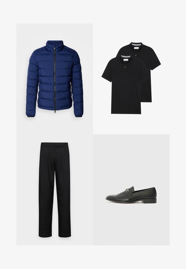 Casaco puffer azul marinho com gola alta, design acolchoado horizontal, fecho frontal com zipper e punhos elásticos. Textura suave, isolamento leve.; Duas camisetas polo pretas, de manga curta, em material de algodão, com colarinho clássico, abertura com dois botões e detalhes em riscas brancas no interior do colarinho.; Calças pretas feitas de tecido suave, com um design de perna reta, dois pregas frontais e uma cintura padrão com passantes para cinto.; Sapatilha de couro preta com um acabamento suave, apresentando um design cosido e um detalhe decorativo de corrente de metal atravessando o peito do pé. Salto baixo.