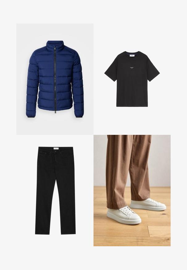 Námorníckomodrá nafukovacia bunda s vysokým golierom, horizontálnym prešívaním, predným zipsom a elastickými manžetami. Hladká textúra, ľahká izolácia.; Čierne bavlnené tričko s okrúhlym výstrihom a krátkymi rukávmi. Má malé biele logo na prednej strane. Jednoduchý dizajn, voľný strih.; Čierne džínsy rovného strihu s piatimi vreckami, zapínanie na gombík a zips a s etiketou značky Pier One na páse.; Osoba v bielych štruktúrovaných nízkych teniskách a vo voľných hnedých nohaviciach, stojaca na svetlej drevenej podlahe.