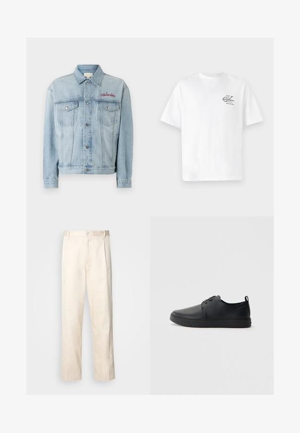 Világoskék farmerdzseki gombos elejével, két mellzsebbel és piros hímzett "calvin" részlettel a bal mellrészen.; Fehér pamut póló rövid ujjakkal, kerek nyakkal, a bal mellkas részen fekete CK logóval, normál szabású, sima tapintású.; Beige pamut nadrág egyenes szárú kivágással, gombos záródással és elülső redőkkel a részletek fokozása érdekében.; Fekete bőr sportcipő sima felülettel, lekerekített orral, azonos színű varrással, fűzős elülső résszel és lapos gumitalppal. Hurok a sarkán.