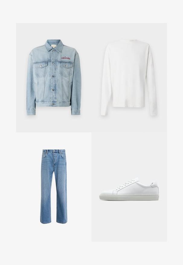 Giacca di jeans blu chiaro con chiusura a bottoni, due tasche sul petto e dettaglio ricamato "calvin" in rosso nell'area sinistra del petto.; Camicia bianca in cotone a maniche lunghe con scollatura rotonda, spacchi laterali in fondo e una texture liscia, mostrata da dietro.; Jeans in denim blu chiaro con design a gamba dritta, cinque tasche, chiusura con bottone, leggero sbiadimento e dettagli di cucitura a contrasto.; Sneaker bianco con tomaia in pelle liscia e profilo basso. Presenta una punta arrotondata, sei occhielli e una suola in gomma testurizzata.