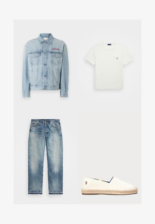 Vaaleansininen farkkutakki nappi edessä, kahdella rintataskulla ja vasemmassa rintataskussa punaisella kirjailtu "calvin" -yksityiskohta.; Valkoinen puuvillapaita lyhyillä hihoilla, pyöreällä kauluksella ja rintataskulla. Taskussa navy-värinen logo. Sileä tekstuuri, klassinen malli.; Vaaleansininen farkkupaita, jossa on kärjellinen kaulus, pitkät hihat, kaksi rintataskua ja nepparilla kiinnitettävä sulkeminen. Klassinen lännen tyyli.; Vaaleansiniset farkut suoran lahkeen suunnittelulla, haalistuneilla alueilla, kevyellä kulutuksella, raikkaalla helman viimeistelyllä ja perinteisellä viidellä taskulla.; Kangas espadril dalam warna putih pudar dengan sol tali. Memiliki lapisan bercorak biru dan logo kecil yang dijahit pada tumit.