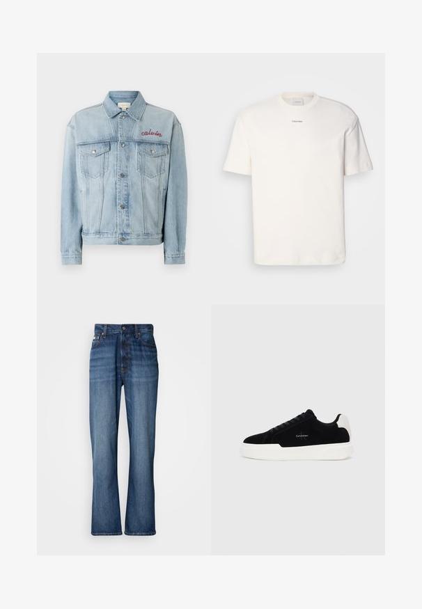 Jachetă din denim de un albastru deschis, cu închidere prin butoni, două buzunare pe piept și detaliu brodat "calvin" în roșu în zona stângă a pieptului.; Tricou alb din bumbac, cu guler rotund, mâneci scurte și logo-ul brodat "Calvin Klein" la mijlocul pieptului. Design simplu.; Blugi din denim albastru cu talie înaltă, picioare evazate, design cu cinci buzunare și cusături tonale. Au un sistem de închidere cu nasture și buzunare cu nituri.; Adidași negri cu talpă albă și tab cu toc alb, cu șireturi în față și logo-ul Calvin Klein pe lateral.