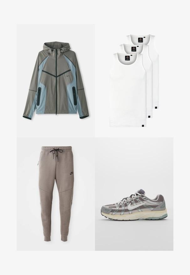 Nepremokavá bunda s kapucňou, sivého tela a modrými akcentmi, so zipsovými vreckami a kontrastným šitím na hladkej textúre.; Tri biele rebrované tielka vyrobené z bavlny. Majú okrúhly výstrih a malé čierne štítky pri leme. Dostupné v rôznych veľkostiach.; Sivé tepláky Nike s nastaviteľným pásom, zúženými nohavicami, bočnými vreckami a výrazným švom. Mäkká, textúrovaná látka.; Šedá športová obuv so zvrškom z nylonu a semišu, bielymi akcentmi, polstrovanou podrážkou a jedinečným dizajnom s reflexnými prvkami.