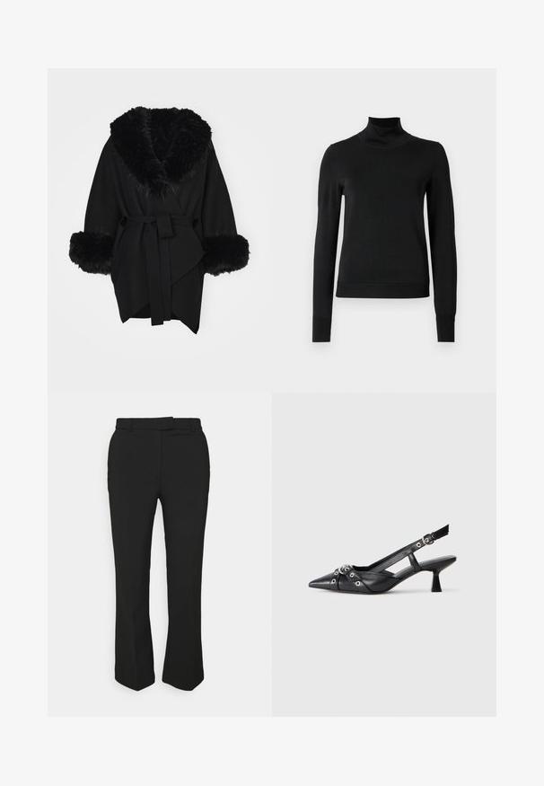 Alice + Olivia Keep - black; Mustmusterta mustaga pikkade varrukatega kõrge kaelusega sviiter, millel on ribakudumisega mansetid ja äär, esitatud lihtsal valgel taustal.; Mustad mustad püksid sirge säärega, millel on vööloop ja küljetaskud. Valmistatud siledast kangast, millel on puhas viimistlus.; Must must have must toote tõmblukuga, dekoratiivsed rihmad metallist silmadega ja madal blokk-kand. Tekstureeritud pind.