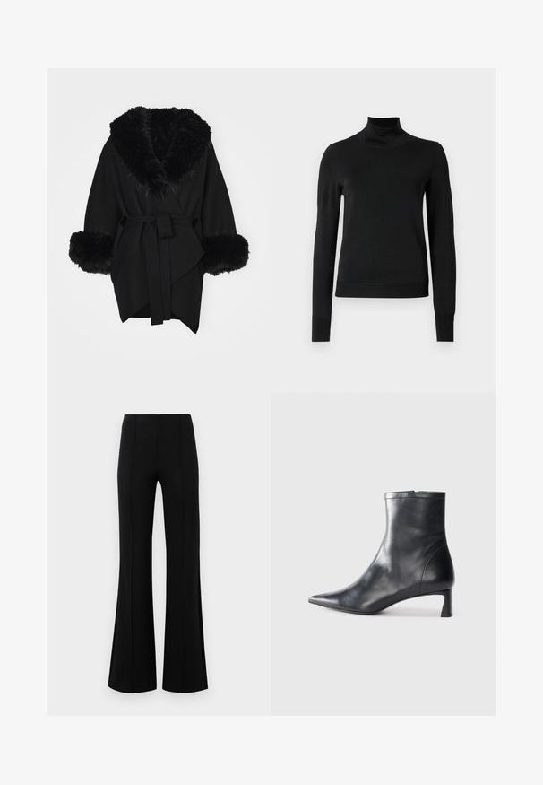 Alice + Olivia Poncho - black; Pulover negru cu mânecă lungă și guler tip colier, cu manșete și tiv cu elastic, expus pe un fundal alb simplu.; Pantaloni negri evazați, cu talie înaltă, fabricați dintr-un material elastic. Prezintă detalii cu cusături verticale în față și o textură netedă.; Cizmă de gleznă din piele neagră cu vârf ascuțit și un design elegant. Dispune de un toc mic și de o închidere cu fermoar la spate. Textură netedă.
