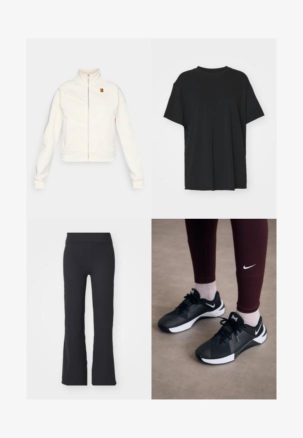 Vit fleecejacka med hög krage och framdragkedja. Har chevron-stygn och en liten färgglad logotyp på övre vänstra sidan.; Svart kortärmad t-shirt i slätt tyg, med rund hals och lös passform. Har sidslitsar för ökad komfort och andningsförmåga.; Svarta utsvängda byxor i stretchy tyg med hög midja. Har rena linjer och en slät yta, passar för avslappnad användning.; Svarta sportskor med en texturerad ovandel och vita detaljer, med snören och en sidologotyp. Helt klart i kombination med vinröda leggings och ljusa strumpor.