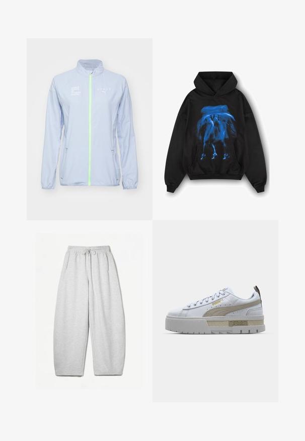 Giacca sportiva azzurra chiara con colletto alto, cerniera verde neon, dettagli riflettenti e testo bianco che recita "HYROX" e "WORLD SERIES OF FITNESS RACING."; Felpa nera con cappuccio caratterizzata da un grande design grafico blu sul davanti, dotata di tasca a marsupio e polsini e orlo a coste.; Pantaloni della tuta grigio chiaro con una vestibilità rilassata, vita elasticizzata, cordoncino e tasche laterali; realizzati in un morbido tessuto testurizzato.; Sneaker bianca con una prominente striscia beige, suola grigia spessa e dettagli dorati. Presenta lacci rotondi e un'etichetta sulla linguetta testurizzata con il logo.