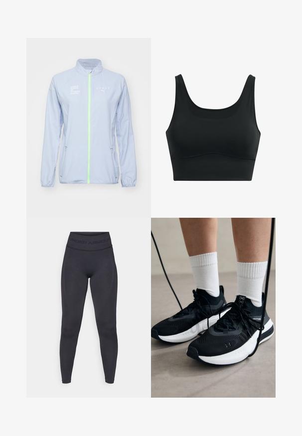 Hele sinine sportlik jakk kõrge kraega, neoonroheline tõmblukk, peegeldavad detailid ja valge tekst, mis ütleb "HYROX" ja "MAAILMA SARI FITNESS VÕISTLUS".; Musta spordirinnahoidja sujuvast kangast, millel on ümar kaelus, laiad rihmad ja ilma õmblusteta disain koos kõverate servadega.; Mustad mustadüütavad leggingsid kõrge elastse vöökoha ja "UNDER ARMOUR" tekstiga. Sile tekstuur koos peente mustriekspressioonidega jalgade külgedel.; Mustad mustad jalanõud tekstuuritud kangast, valge tallaga ja mustade paeltega. Kanna valgete soonikkudega sokkide sisse, seistes helesinisel pinnal.