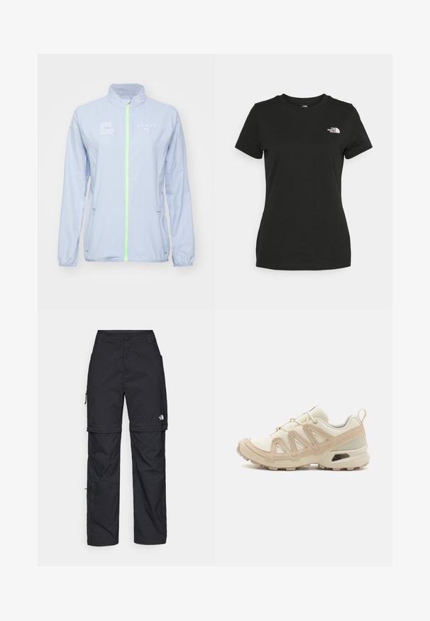 Jachetă sport de culoare albastru deschis cu un guler înalt, fermoar verde neon, detalii reflective și text alb care spune "HYROX" și "SERIA MONDIALĂ DE CURSE DE FITNESS."; Tricou din bumbac negru, cu guler rotund și mâneci scurte. Logo alb notabil în partea stângă sus. Textură netedă, croi casual.; Pantaloni cargo din nylon negru, cu fermoar detașabil, manșete ajustabile, multiple buzunare și un logo pe piciorul drept. Textură netedă și ușoară.; Pantofii sport bej și crem au un superior din plasă texturată, suprapuneri de susținere și o talpă din cauciuc cu un model de profil pentru aderență.