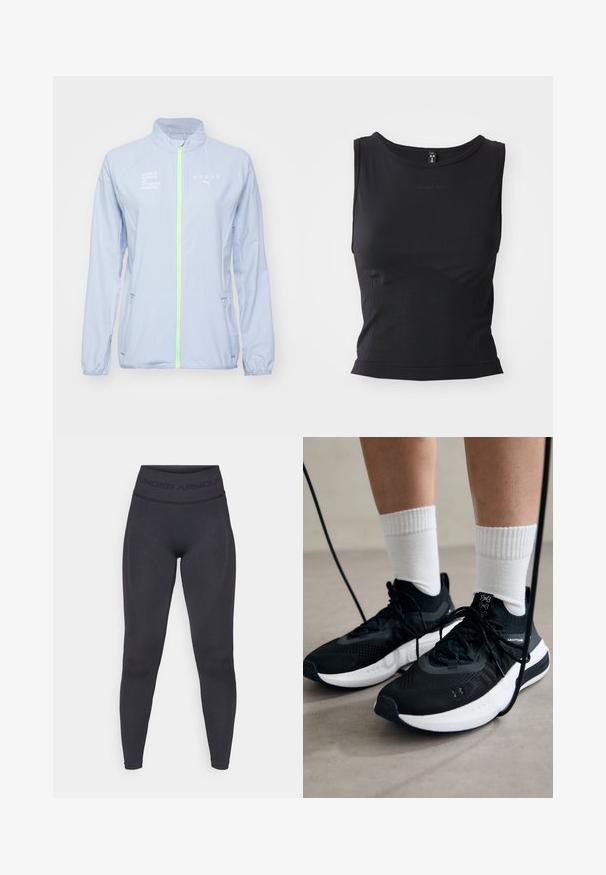 Chaqueta atlética de color azul claro con un cuello alto, cremallera verde neón, detalles reflectantes y texto blanco que dice "HYROX" y "SERIE MUNDIAL DE CARRERAS DE FITNESS."; Camiseta sin mangas negra deportiva, fabricada con tejido suave, que presenta un escote redondeado y una silueta ajustada con un sutil detalle de logo.; Leggings negros con una cinturilla elástica alta que presenta el texto "UNDER ARMOUR". Textura suave con detalles de patrón sutil a lo largo de las piernas.; Zapatillas deportivas negras con tela texturizada, suela blanca y cordones negros. Llevadas con calcetines blancos de canalé, de pie sobre una superficie clara.