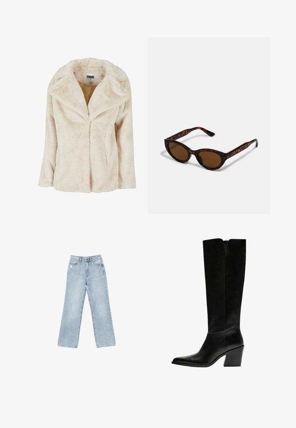 Veste en fausse fourrure beige clair avec un large col, des manches longues et une finition douce et texturée. Présente une ouverture frontale non boutonnée.; Vero Moda VMDREAM - Pullover - rose shadow; Jeans en denim bleu clair avec une coupe large, des détails déchirés, un design à cinq poches et une fermeture éclair.; Bottes noires montantes en cuir lisse, avec un bout pointu, un talon bloc et une découpe en V en haut.; Lunettes de soleil en écaille de tortue marron avec une forme vintage de lunettes cat-eye et des verres marron. Présente des branches courbées avec des accents rouges.